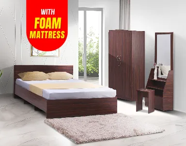 Budget 2WD Bedroom Suite (2D Wardrobe + Bed + Dressing Table + Stool + Double Layer Foam Mattress) (LF-BUDGET-2WD-FM-BRS-WN-S)
