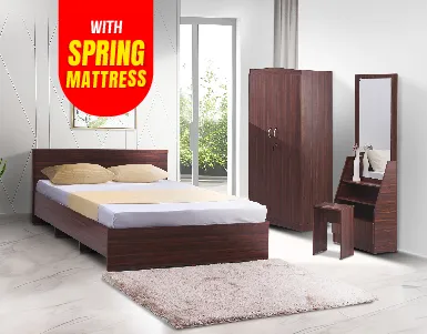Budget 2WD Bedroom Suite (2D Wardrobe + Bed + Dressing Table + Stool + 7 Inch Spring Mattress) (LF-BUDGET-2WD-SPM-BRS-WN-S)