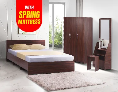Budget 3WD Bedroom Suite (3D Wardrobe + Bed + Dressing Table + Stool + 7 Inch Spring Mattress) (LF-BUDGET-3WD-SPM-BRS-WN-S)