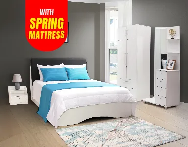 Oregon Bedroom Suite - White (2D Wardrobe + Bed + Dressing Table + BSC + 7 Inch Spring Mattress) (LF-ORGN-2A-SPM-BRS-WHT-S)