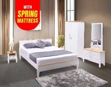 Preston Bedroom Suite - White (2D Wardrobe + Bed + Dressing Table + BSC + 7 Inch Spring Mattress) (LF-PRST-SPM-BRS-WHT-S)