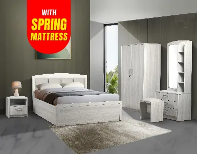 Florida Bedroom Suite (2D Wardrobe + Bed + Dressing Table + BSC + Stool + 7 Inch Spring Mattress) (WF-FLO-2D-SPM-BRS-S)