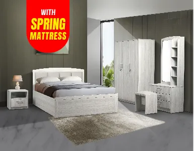 Florida Bedroom Suite (3D Wardrobe + Bed + Dressing Table + BSC + Stool + 7 Inch Spring Mattress) (WF-FLO-3D-SPM-BRS-S)