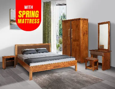 Moscow Bedroom Suite (2D Wardrobe + Bed + Dressing Table + BSC + Stool + 7 Inch Spring Mattress) (WF-MOSCOW-SPM-BRS-RTK-S)