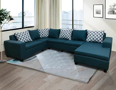 Florac Sofa - 4 Seaters With Longue - Blue Fabric (WFL-FLORAC-07-BU-S)