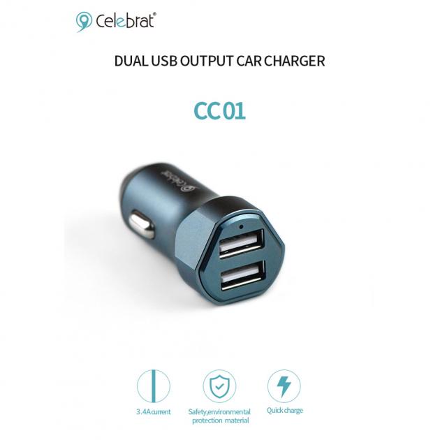 Celebrat Car Charger, Dual USB, CC01