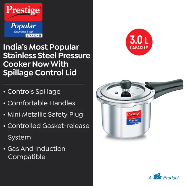 Prestige 3L Popular Stainless Steel Pressure Cooker SVACHH (PCP30-SS-SV)