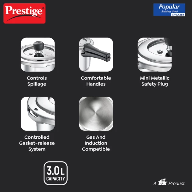 Prestige 3L Popular Stainless Steel Pressure Cooker SVACHH (PCP30-SS-SV)