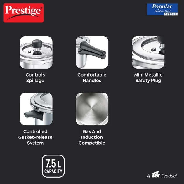 Prestige 7.5L Popular Stainless Steel Pressure Cooker SVACHH (PCP75-SS-SV)