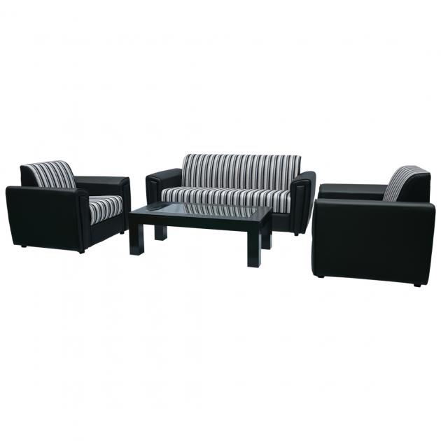 Jupiter Sofa - Black PVC And Black, White, Grey & Biege Striped Fabric