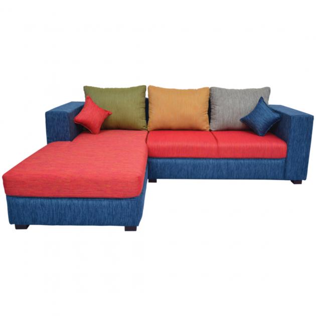 Winter Sectional Sofa - Blue And Red Base And Brown, Orange And Green Back Cushions