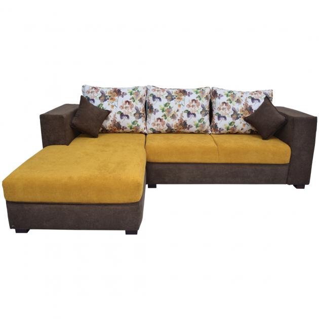 Winter Sectional Sofa - Dark Brown And Yellowish Gold Base And White And Brwon Floral Back Cushions