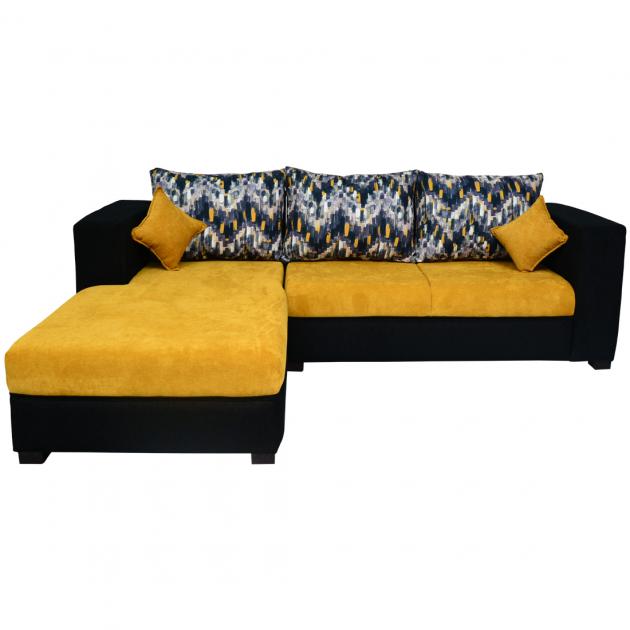 Winter Sectional Sofa - Black And Yellowish Gold Base And Yellow, Balck And Grey Deshined Back Cushions