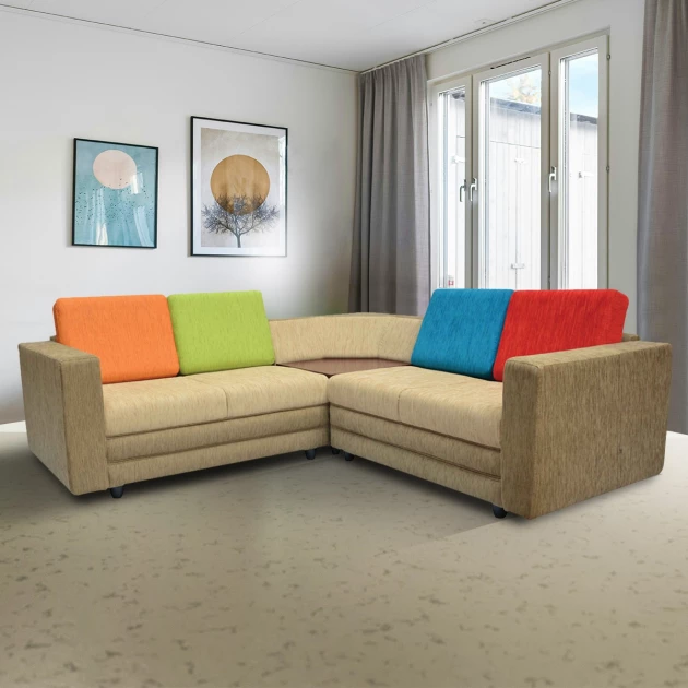 Legend Sectional Sofa - Brown Base And Red, Blue, Orange And Green Back Cushions