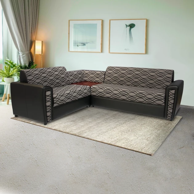 Levon Sectional Sofa - Black PVC And Grey Colour Flocking Fabric