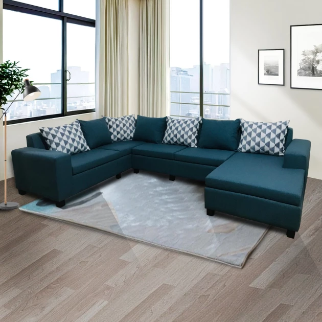 Florac Sofa - 4 Seaters With Longue - Blue Fabric (WFL-FLORAC-07-BU-S)