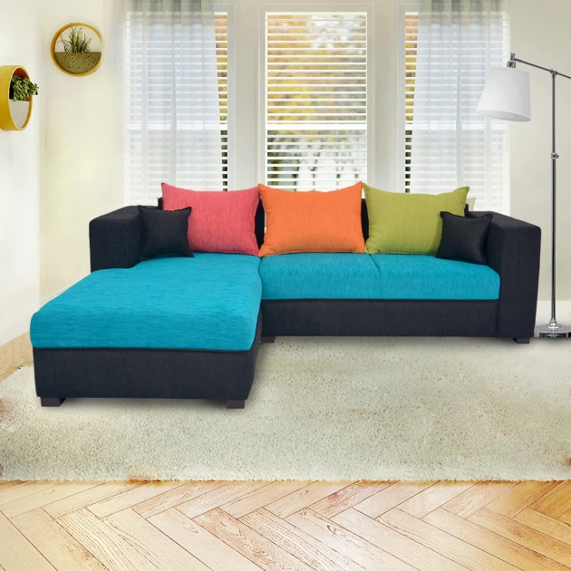 Winter Sectional Sofa - Black And Blue Base And Green, Orange And Pink Back Cushions