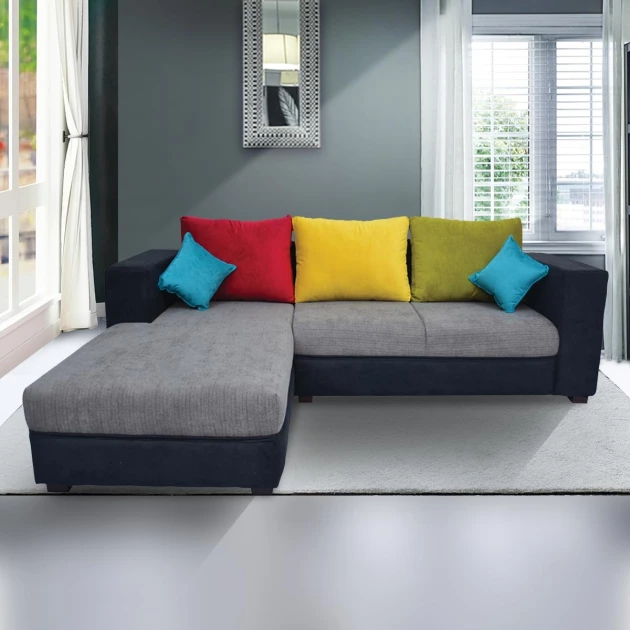 Winter Sectional Sofa - Black And Grey Base And Green, Yellow And Maroon Back Cushions