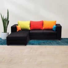 Winter Sectional Sofa - Black Base And Green, Orange And Maroon Back Cushions Fabrics